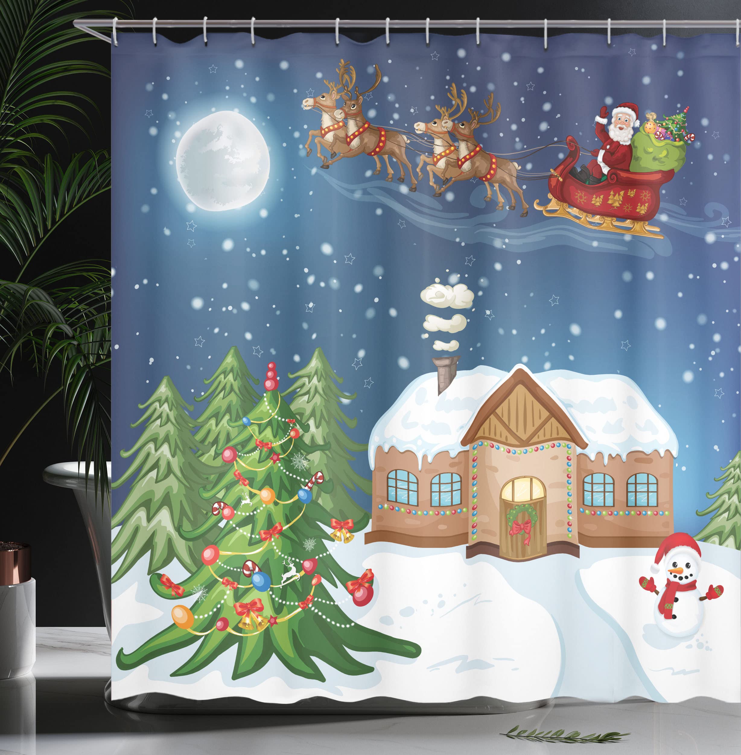 Ambesonne Christmas Shower Curtain, Classical Xmas Scenery Santa Delivering Presents Rudolf The Red Nosed Reindeer, Cloth Fabric